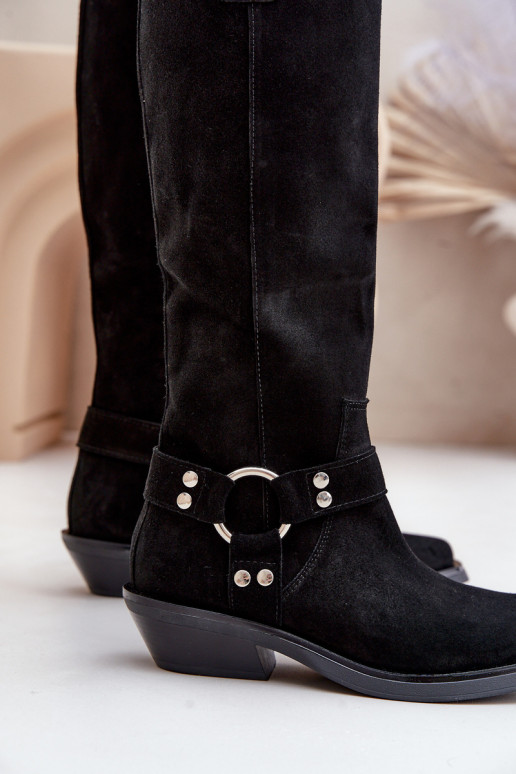 zamšādas garie zābaki Kovboju zābaki Uz Zema Papēža ar ornamentiem Zazoo 3656 melnas krāsas