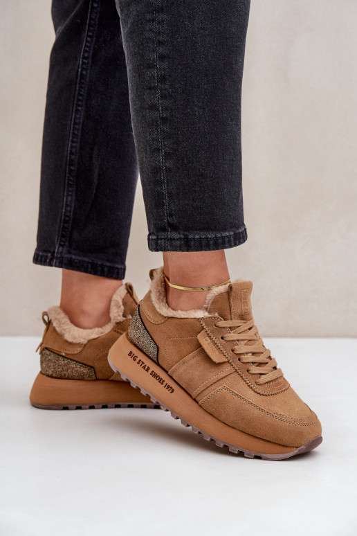zamšādas Sneakers modeļa apavi Sieviešu ar kažokādu I Błyszczącym Elements Big Star OO274578 Hi-Poly System brūnas krāsas zamšādas Sneakers modeļa apavi Sieviešu ar kažokādu I Błyszczącym Elements Big Star OO274578 Hi-Poly System brūnas krāsas