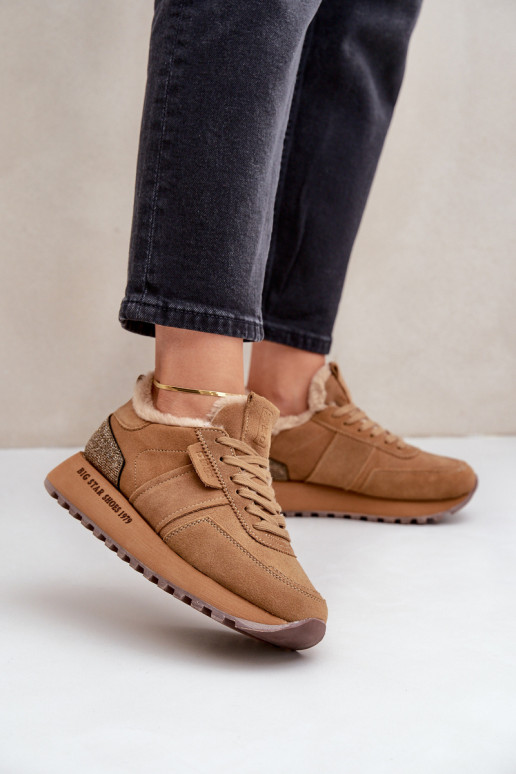 zamšādas Sneakers modeļa apavi Sieviešu ar kažokādu I Błyszczącym Elements Big Star OO274578 Hi-Poly System brūnas krāsas zamšādas Sneakers modeļa apavi Sieviešu ar kažokādu I Błyszczącym Elements Big Star OO274578 Hi-Poly System brūnas krāsas