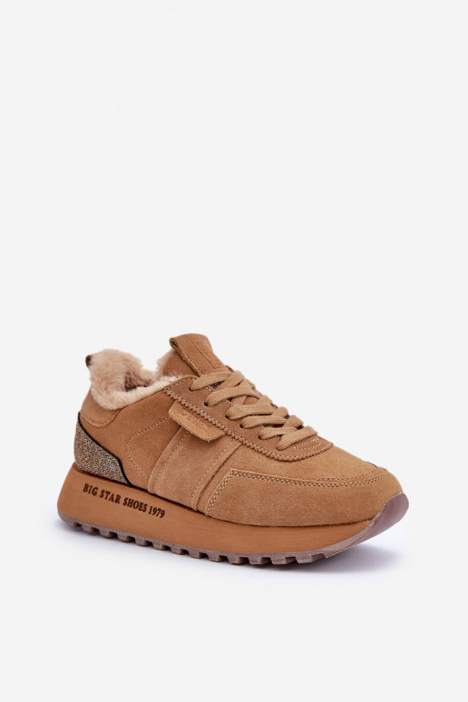 zamšādas Sneakers modeļa apavi Sieviešu ar kažokādu I Błyszczącym Elements Big Star OO274578 Hi-Poly System brūnas krāsas zamšādas Sneakers modeļa apavi Sieviešu ar kažokādu I Błyszczącym Elements Big Star OO274578 Hi-Poly System brūnas krāsas