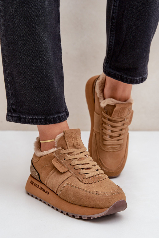 zamšādas Sneakers modeļa apavi Sieviešu ar kažokādu I Błyszczącym Elements Big Star OO274578 Hi-Poly System brūnas krāsas zamšādas Sneakers modeļa apavi Sieviešu ar kažokādu I Błyszczącym Elements Big Star OO274578 Hi-Poly System brūnas krāsas