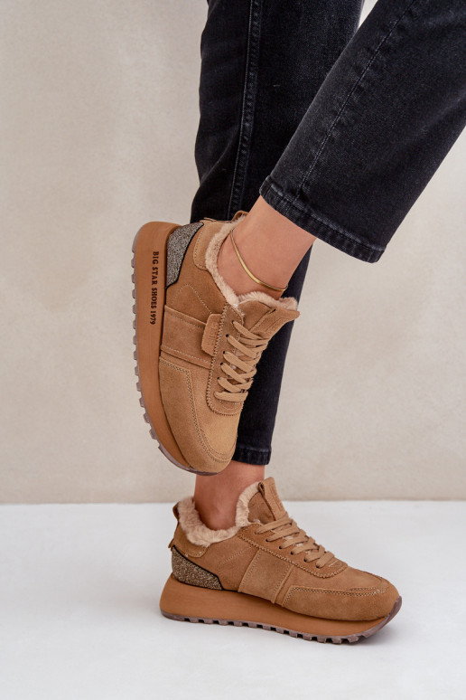 zamšādas Sneakers modeļa apavi Sieviešu ar kažokādu I Błyszczącym Elements Big Star OO274578 Hi-Poly System brūnas krāsas zamšādas Sneakers modeļa apavi Sieviešu ar kažokādu I Błyszczącym Elements Big Star OO274578 Hi-Poly System brūnas krāsas