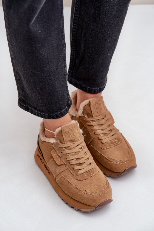 zamšādas Sneakers modeļa apavi Sieviešu ar kažokādu I Błyszczącym Elements Big Star OO274578 Hi-Poly System brūnas krāsas zamšādas Sneakers modeļa apavi Sieviešu ar kažokādu I Błyszczącym Elements Big Star OO274578 Hi-Poly System brūnas krāsas