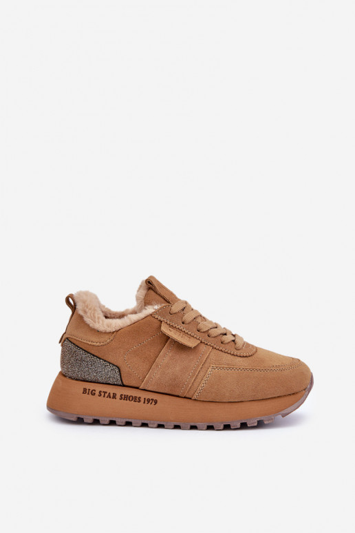 zamšādas Sneakers modeļa apavi Sieviešu ar kažokādu I Błyszczącym Elements Big Star OO274578 Hi-Poly System brūnas krāsas zamšādas Sneakers modeļa apavi Sieviešu ar kažokādu I Błyszczącym Elements Big Star OO274578 Hi-Poly System brūnas krāsas