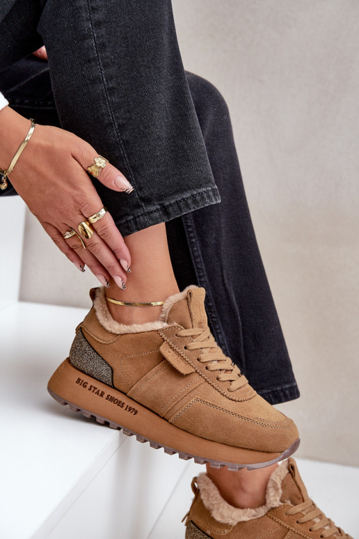 zamšādas Sneakers modeļa apavi Sieviešu ar kažokādu I Błyszczącym Elements Big Star OO274578 Hi-Poly System brūnas krāsas zamšādas Sneakers modeļa apavi Sieviešu ar kažokādu I Błyszczącym Elements Big Star OO274578 Hi-Poly System brūnas krāsas