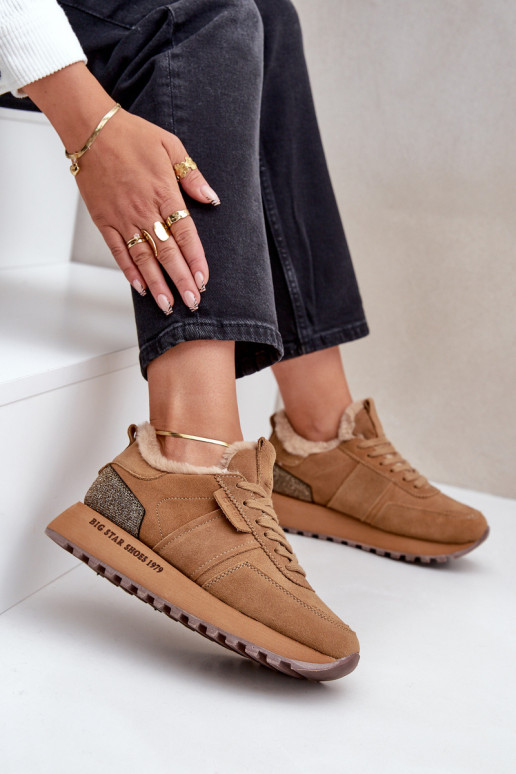 zamšādas Sneakers modeļa apavi Sieviešu ar kažokādu I Błyszczącym Elements Big Star OO274578 Hi-Poly System brūnas krāsas zamšādas Sneakers modeļa apavi Sieviešu ar kažokādu I Błyszczącym Elements Big Star OO274578 Hi-Poly System brūnas krāsas