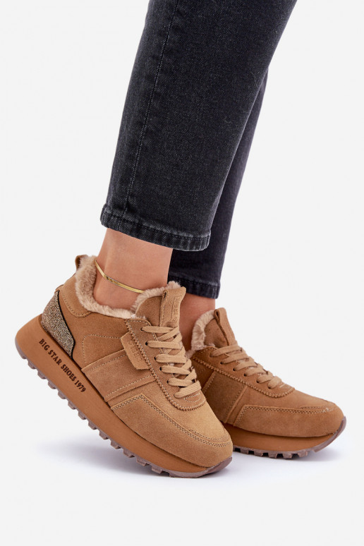 zamšādas Sneakers modeļa apavi Sieviešu ar kažokādu I Błyszczącym Elements Big Star OO274578 Hi-Poly System brūnas krāsas zamšādas Sneakers modeļa apavi Sieviešu ar kažokādu I Błyszczącym Elements Big Star OO274578 Hi-Poly System brūnas krāsas