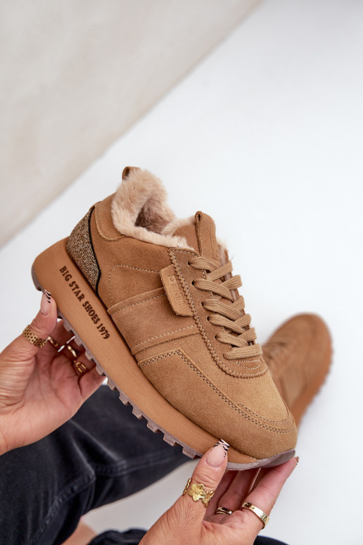 zamšādas Sneakers modeļa apavi Sieviešu ar kažokādu I Błyszczącym Elements Big Star OO274578 Hi-Poly System brūnas krāsas zamšādas Sneakers modeļa apavi Sieviešu ar kažokādu I Błyszczącym Elements Big Star OO274578 Hi-Poly System brūnas krāsas