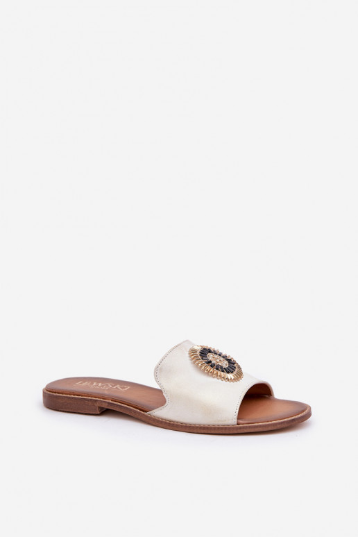 Čibas no dabīgas ādas ar ornamentiem ar platiem papēžiem Ļevskis 3047/O Zelta krāsas Przecierany