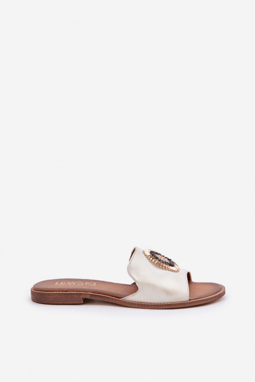 Čibas no dabīgas ādas ar ornamentiem ar platiem papēžiem Ļevskis 3047/O Zelta krāsas Przecierany