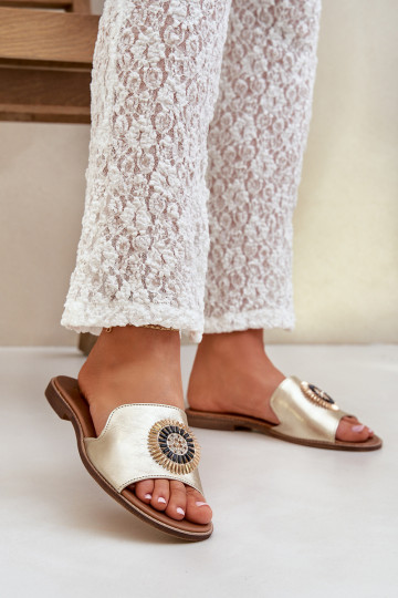 Čibas no dabīgas ādas ar ornamentiem ar platiem papēžiem Zazoo 3047/O Zelta krāsas 2