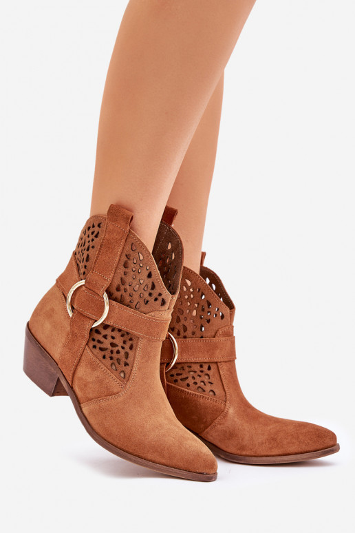 Zamšādas kurpes Kovboju zābaki Ažūrs ar papēdi Zazoo 2994 brūnas krāsas