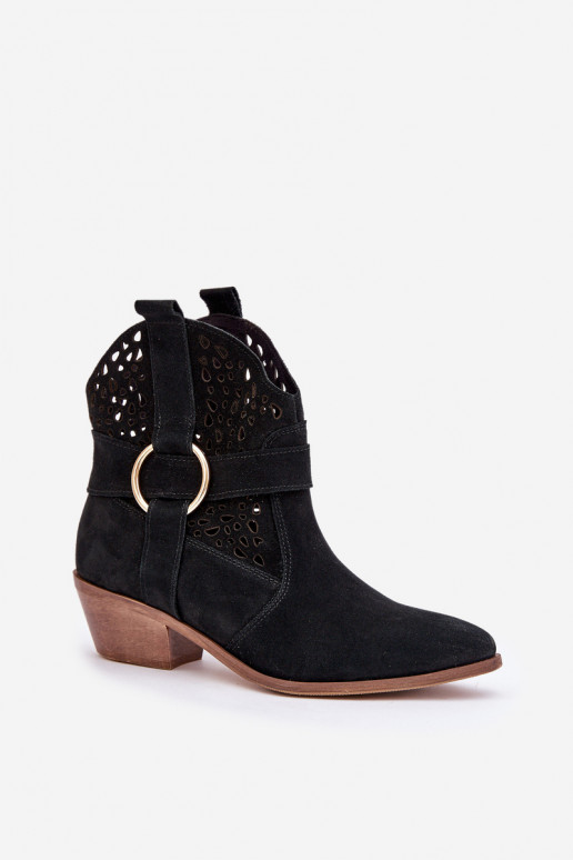 Zamšādas kurpes Kovboju zābaki Ažūrs ar papēdi Zazoo 2994 melnas krāsas