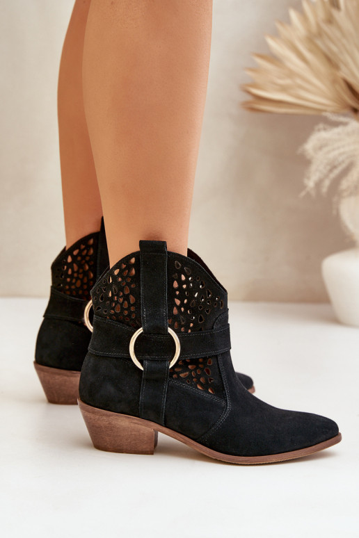 Zamšādas kurpes Kovboju zābaki Ažūrs ar papēdi Zazoo 2994 melnas krāsas