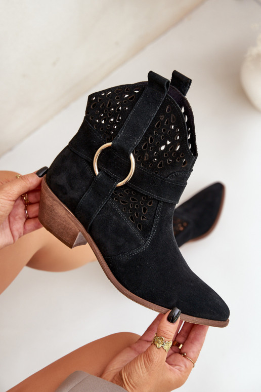 Zamšādas kurpes Kovboju zābaki Ažūrs ar papēdi Zazoo 2994 melnas krāsas