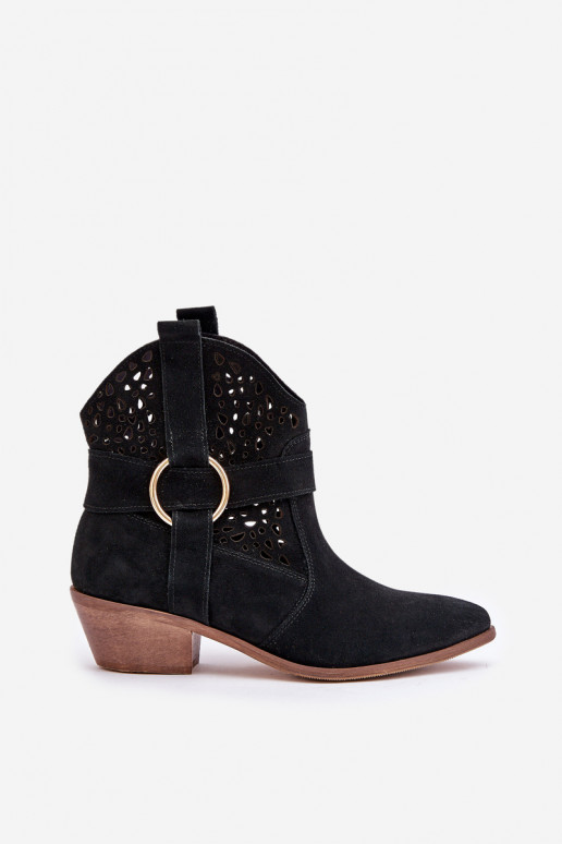 Zamšādas kurpes Kovboju zābaki Ažūrs ar papēdi Zazoo 2994 melnas krāsas