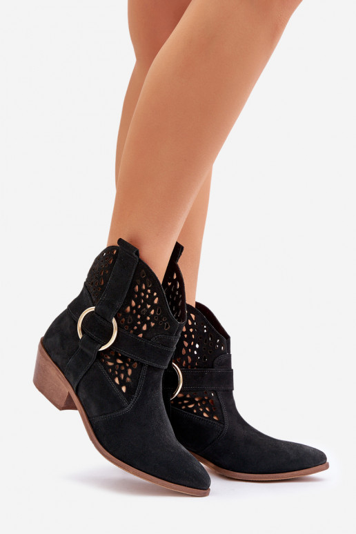 Zamšādas kurpes Kovboju zābaki Ažūrs ar papēdi Zazoo 2994 melnas krāsas