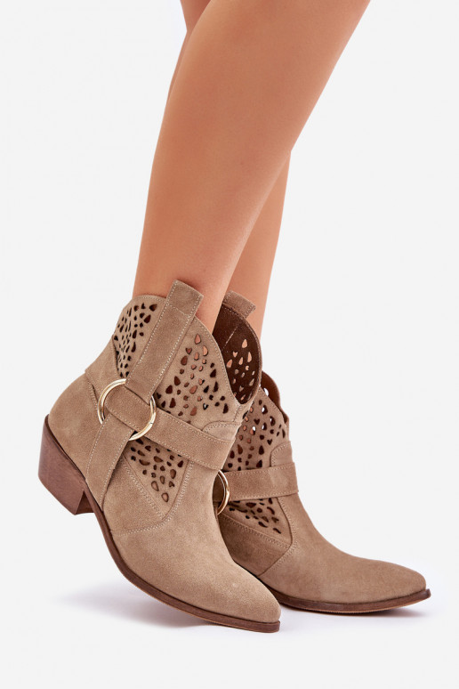 Zamšādas kurpes Kovboju zābaki Ažūrs ar papēdi Zazoo 2994 smilšu krāsas Zamšādas kurpes Kovboju zābaki Ažūrs ar papēdi Zazoo 2994 smilšu krāsas