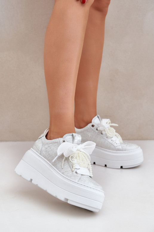 Āda Sneakers modeļa apavi ar platformu CheBello 4658 Sudraba krāsas Āda Sneakers modeļa apavi ar platformu CheBello 4658 Sudraba krāsas