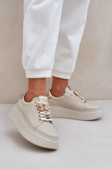 Sieviešu Āda Sneakers modeļa apavi ar platformu Ar rotājumiem CheBello 4292 Ziloņkaula krāsas