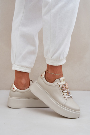 Sieviešu Āda Sneakers modeļa apavi ar platformu Ar rotājumiem CheBello 4292 Ziloņkaula krāsas 2
