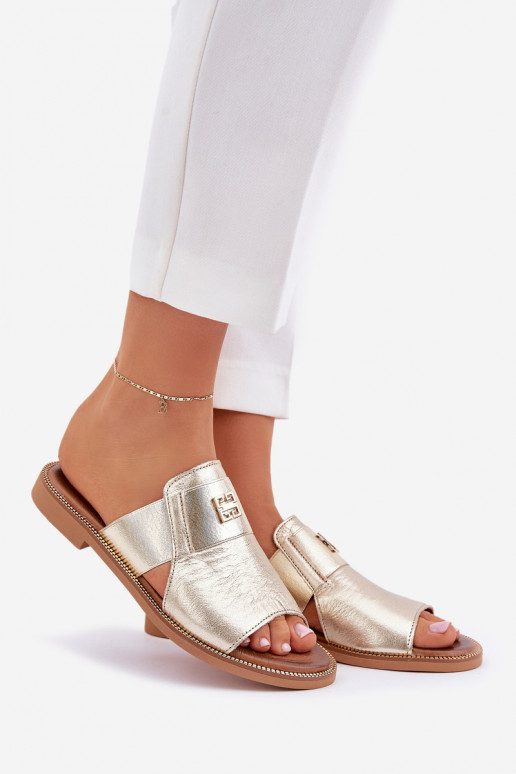 Eleganta stila Čības Izgatavota no dabīgas ādas ar platiem papēžiem Zazoo 40423 Zelta krāsas