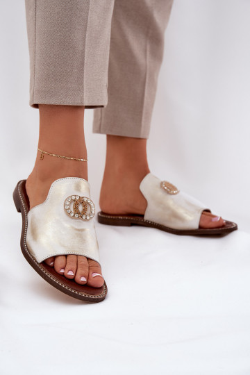 Eleganta stila Čibas no dabīgas ādas Sieviešu ar ornamentiem Zazoo 3008 Zelta krāsas Przecierany 2