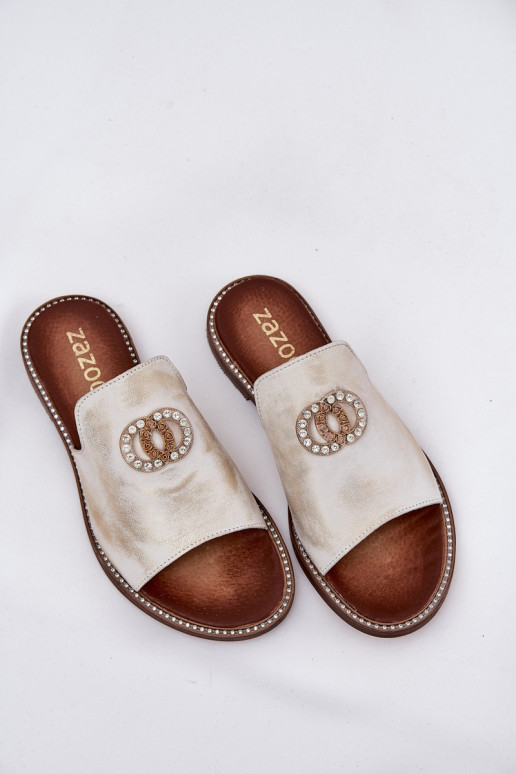 Eleganta stila Čibas no dabīgas ādas Sieviešu ar ornamentiem Zazoo 3008 Zelta krāsas Przecierany Eleganta stila Čibas no dabīgas ādas Sieviešu ar ornamentiem Zazoo 3008 Zelta krāsas Przecierany