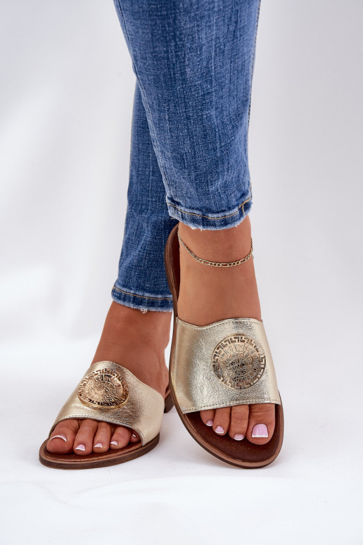 Zazoo 2938 Čibas no dabīgas ādas ar platiem papēžiem ar ornamentiem Zelta krāsas Zazoo 2938 Čibas no dabīgas ādas ar platiem papēžiem ar ornamentiem Zelta krāsas