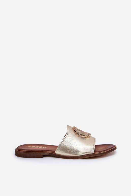 Zazoo 2938 Čibas no dabīgas ādas ar platiem papēžiem ar ornamentiem Zelta krāsas Zazoo 2938 Čibas no dabīgas ādas ar platiem papēžiem ar ornamentiem Zelta krāsas