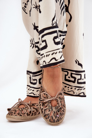 zempapēžu BalerīnasIeslēgtsturalnej Skóry ar leoparda kažokādas rakstu Zazoo 10179 brūnas krāsas 2