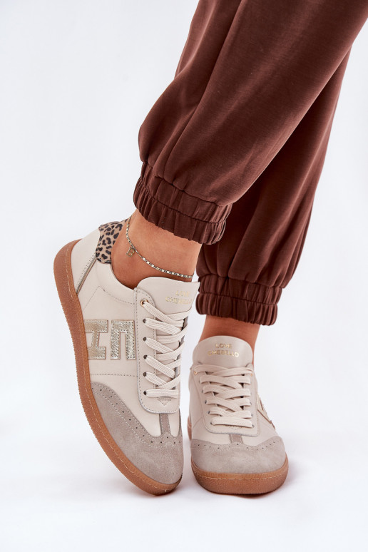 Āda sporta apavi Sneakers modeļa apavi Sieviešu ar leoparda kažokādas rakstu CheBello 4640 smilšu krāsas Āda sporta apavi Sneakers modeļa apavi Sieviešu ar leoparda kažokādas rakstu CheBello 4640 smilšu krāsas