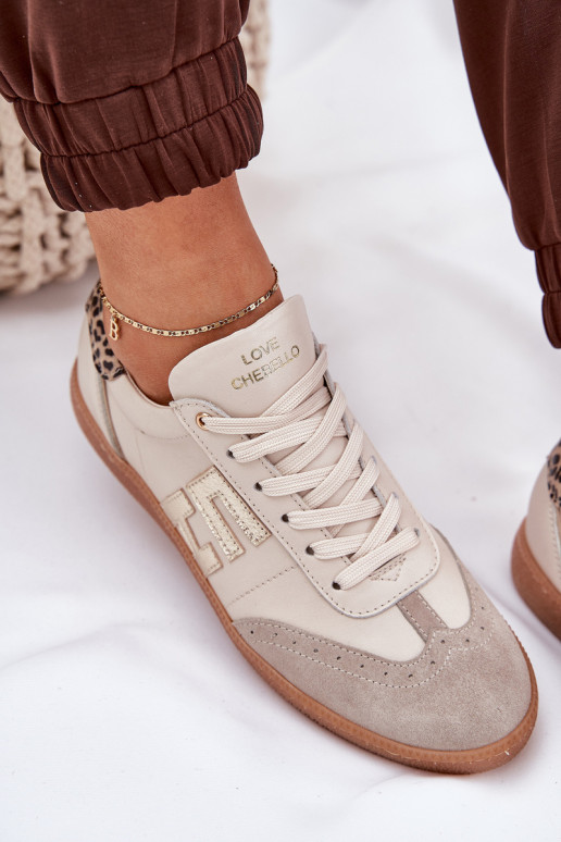 Āda sporta apavi Sneakers modeļa apavi Sieviešu ar leoparda kažokādas rakstu CheBello 4640 smilšu krāsas Āda sporta apavi Sneakers modeļa apavi Sieviešu ar leoparda kažokādas rakstu CheBello 4640 smilšu krāsas