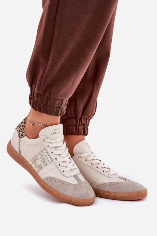 Āda sporta apavi Sneakers modeļa apavi Sieviešu ar leoparda kažokādas rakstu CheBello 4640 smilšu krāsas Āda sporta apavi Sneakers modeļa apavi Sieviešu ar leoparda kažokādas rakstu CheBello 4640 smilšu krāsas