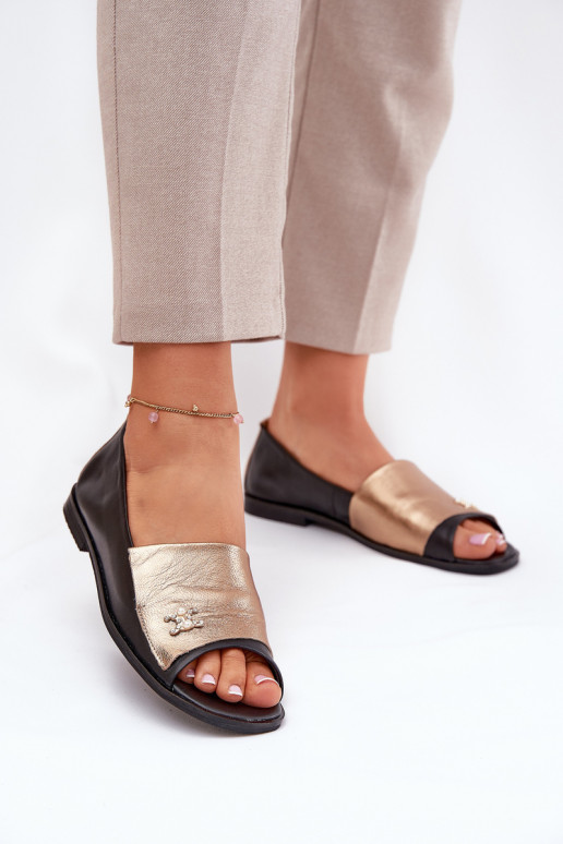 Āda Eleganta stila BalerīnasOdkrytymi Palcami Zazoo 1865 Zelta krāsas-melnas krāsas Āda Eleganta stila BalerīnasOdkrytymi Palcami Zazoo 1865 Zelta krāsas-melnas krāsas