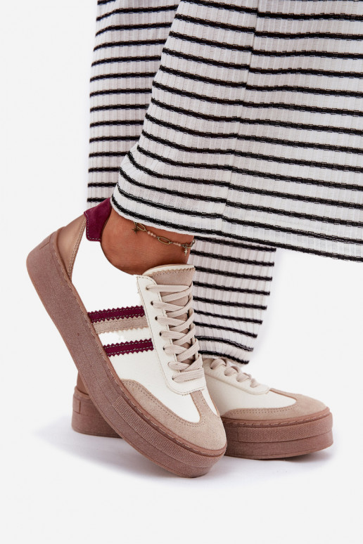 Āda Sneakers modeļa apavi Sieviešu ar platformu Zazoo N1234 smilšu krāsas-bordo krāsas Āda Sneakers modeļa apavi Sieviešu ar platformu Zazoo N1234 smilšu krāsas-bordo krāsas