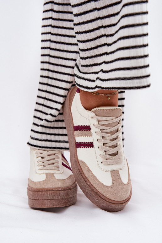 Āda Sneakers modeļa apavi Sieviešu ar platformu Zazoo N1234 smilšu krāsas-bordo krāsas Āda Sneakers modeļa apavi Sieviešu ar platformu Zazoo N1234 smilšu krāsas-bordo krāsas