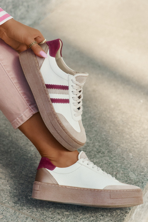 Āda Sneakers modeļa apavi Sieviešu ar platformu Zazoo N1234 smilšu krāsas-bordo krāsas Āda Sneakers modeļa apavi Sieviešu ar platformu Zazoo N1234 smilšu krāsas-bordo krāsas