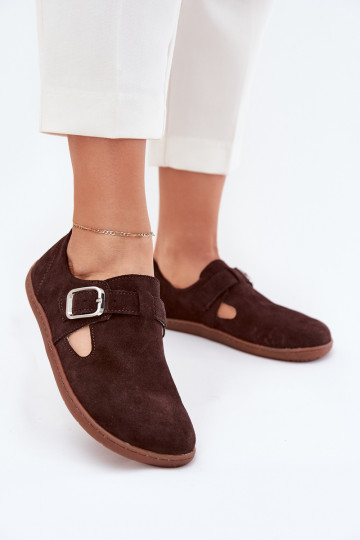 Šokolādes krāsas zamša sieviešu apavi Barefoot ar sprādzēm Łaty Zazoo N1261