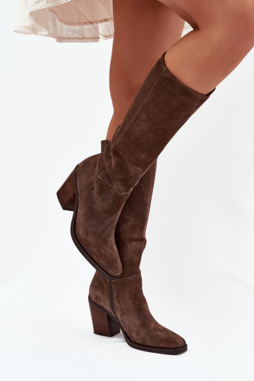 Mākslīgās zamšas garie sieviešu zābaki ar papēžiem un aizdari, brūni, Lissara 2