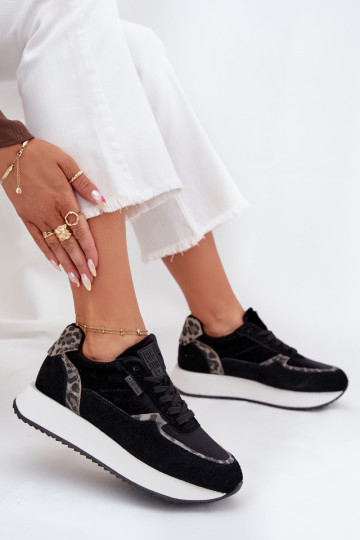 zamšādas Sneakers modeļa apavi Sieviešu Big Star OO274A312 HI-POLY SYSTEM melnas krāsas ar leoparda kažokādas rakstu