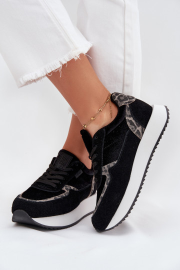 zamšādas Sneakers modeļa apavi Sieviešu Big Star OO274A312 HI-POLY SYSTEM melnas krāsas ar leoparda kažokādas rakstu 2