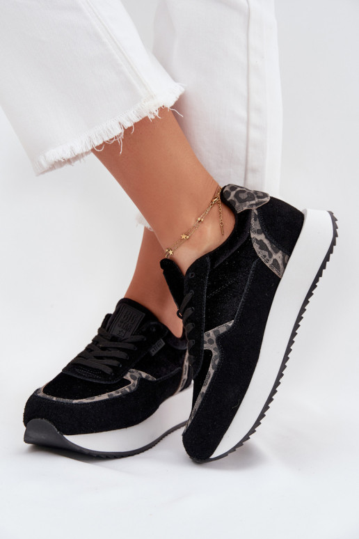zamšādas Sneakers modeļa apavi Sieviešu Big Star OO274A312 HI-POLY SYSTEM melnas krāsas ar leoparda kažokādas rakstu zamšādas Sneakers modeļa apavi Sieviešu Big Star OO274A312 HI-POLY SYSTEM melnas krāsas ar leoparda kažokādas rakstu