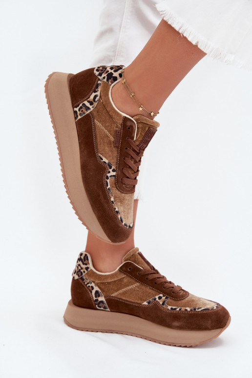zamšādas Sneakers modeļa apavi Sieviešu Big Star OO274A313 HI-POLY SYSTEM brūnas krāsas ar leoparda kažokādas rakstu zamšādas Sneakers modeļa apavi Sieviešu Big Star OO274A313 HI-POLY SYSTEM brūnas krāsas ar leoparda kažokādas rakstu