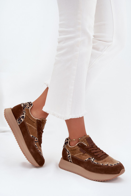 zamšādas Sneakers modeļa apavi Sieviešu Big Star OO274A313 HI-POLY SYSTEM brūnas krāsas ar leoparda kažokādas rakstu zamšādas Sneakers modeļa apavi Sieviešu Big Star OO274A313 HI-POLY SYSTEM brūnas krāsas ar leoparda kažokādas rakstu