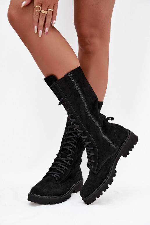 Zamšādas kurpes Ar mežģīnēm Teļa vidus Zazoo 3103 melnas krāsas Zamšādas kurpes Ar mežģīnēm Teļa vidus Zazoo 3103 melnas krāsas