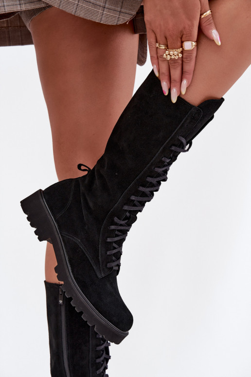 Zamšādas kurpes Ar mežģīnēm Teļa vidus Zazoo 3103 melnas krāsas Zamšādas kurpes Ar mežģīnēm Teļa vidus Zazoo 3103 melnas krāsas