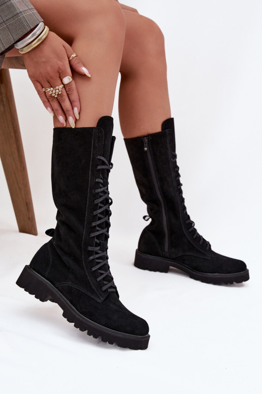 Zamšādas kurpes Ar mežģīnēm Teļa vidus Zazoo 3103 melnas krāsas Zamšādas kurpes Ar mežģīnēm Teļa vidus Zazoo 3103 melnas krāsas