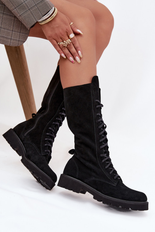 Zamšādas kurpes Ar mežģīnēm Teļa vidus Zazoo 3103 melnas krāsas Zamšādas kurpes Ar mežģīnēm Teļa vidus Zazoo 3103 melnas krāsas