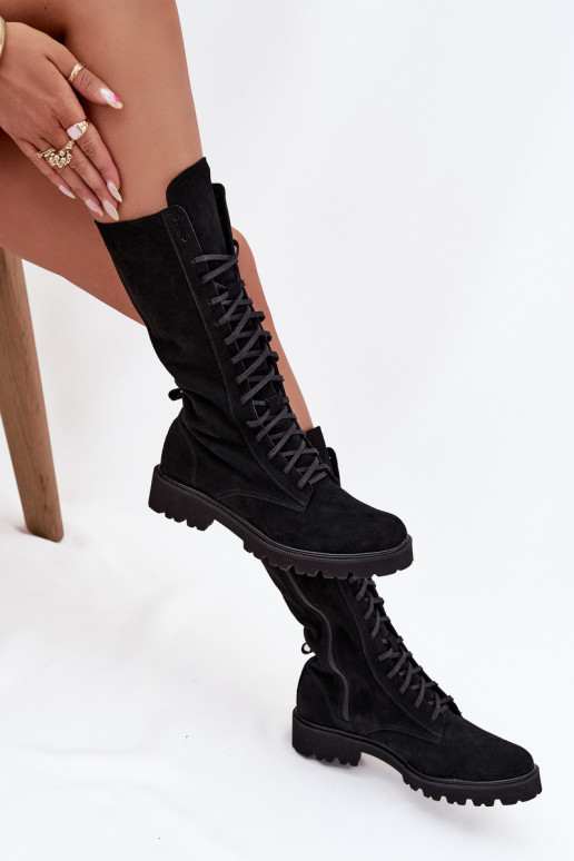 Zamšādas kurpes Ar mežģīnēm Teļa vidus Zazoo 3103 melnas krāsas Zamšādas kurpes Ar mežģīnēm Teļa vidus Zazoo 3103 melnas krāsas